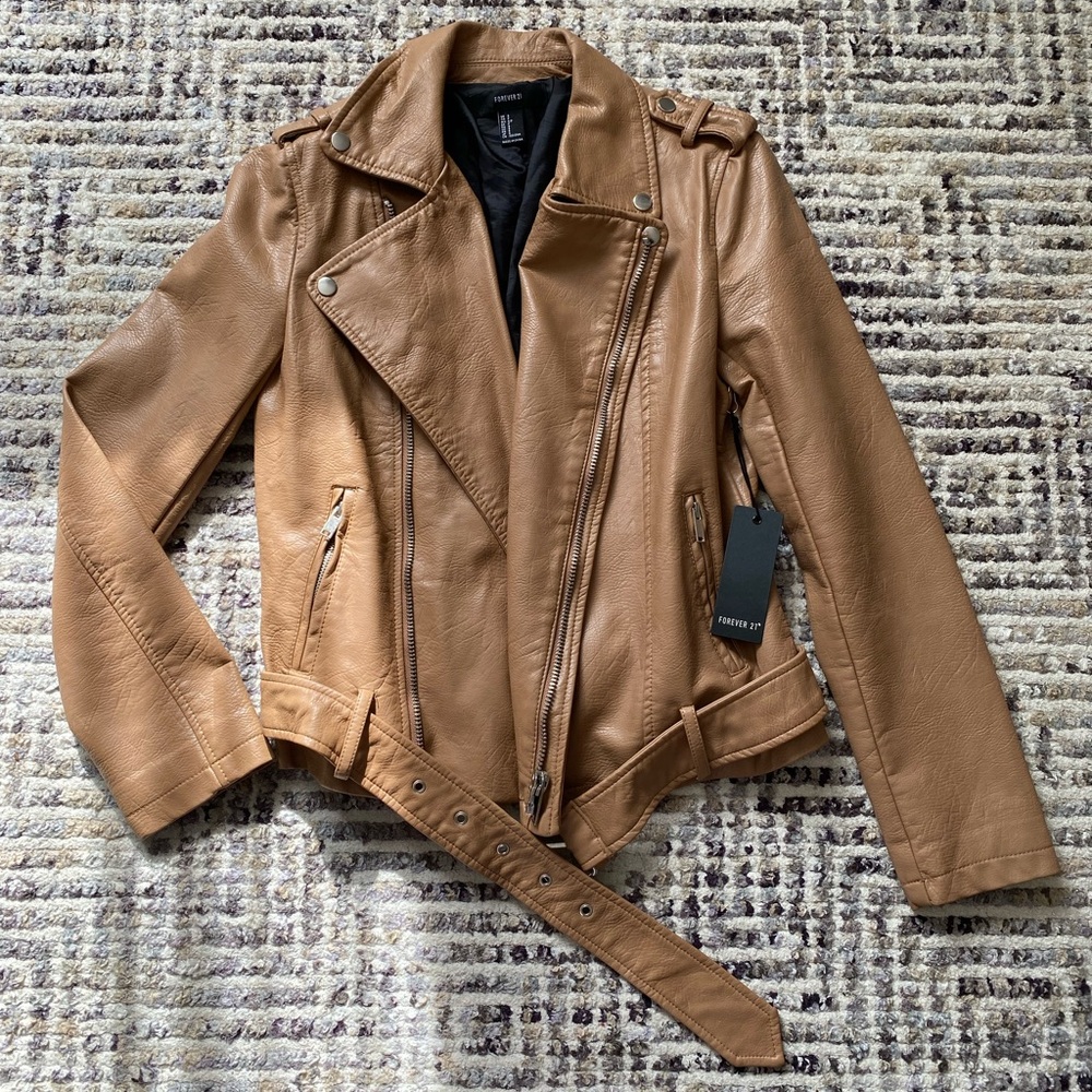 Forever 21 Beige Faux Leather Motorcycle Belted Jacket Size S